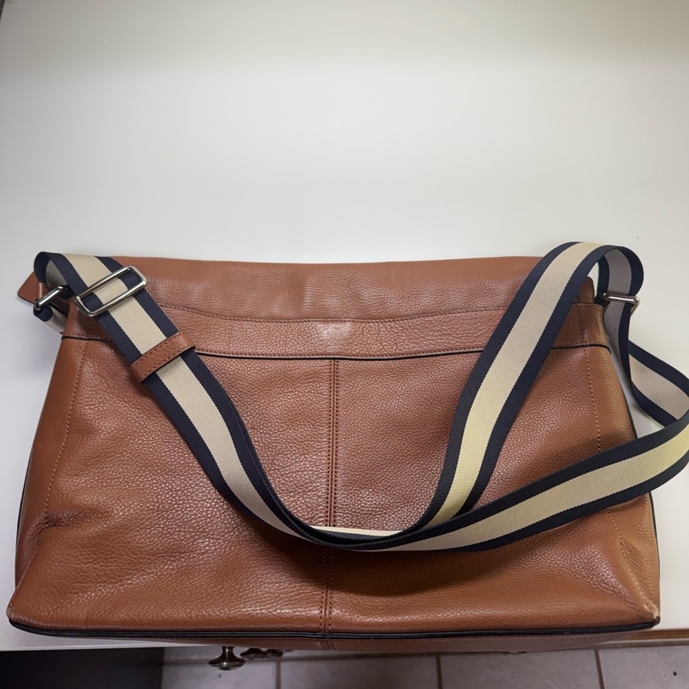 Coach Brown Leather Messenger Bag with Striped Strap - Picture 6 of 7